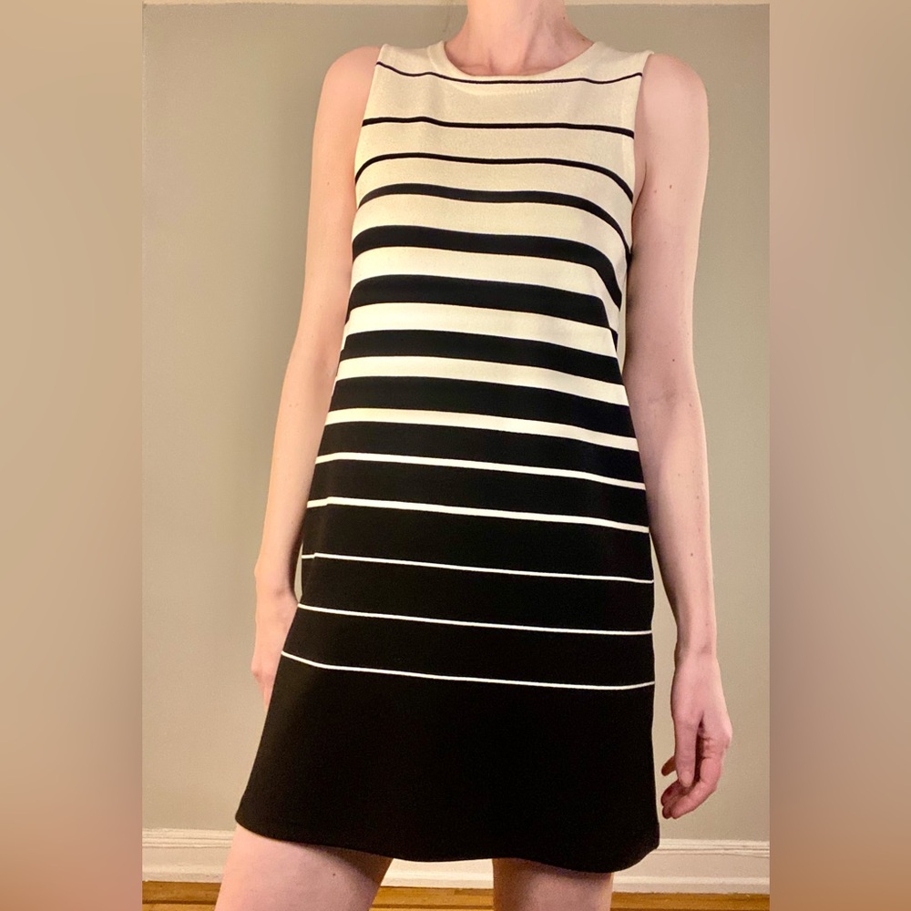 AV Collection Mod Black & White Vertical Stripe A-Line Bouncy Knit Mini Dress